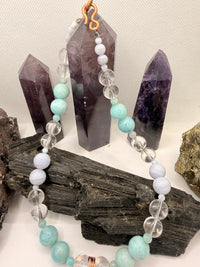 Blue Lace Agate , Clear Quartz with Amazonite Necklace and Amazonite Copper Wirewrapped Pendant 18 Inches