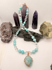 Amazonite with Clear Quartz  Necklace and Amazonite Copper Wirewrapped Pendant 22 Inches