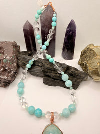 Amazonite with Clear Quartz  Necklace and Amazonite Copper Wirewrapped Pendant 22 Inches