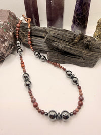 Hematite and Red Jasper Beaded Necklace 16 inches
