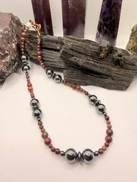 Hematite and Red Jasper Beaded Necklace 16 inches