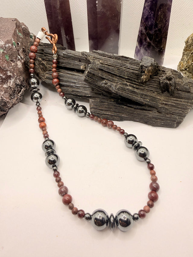Hematite and Red Jasper Beaded Necklace 16 inches