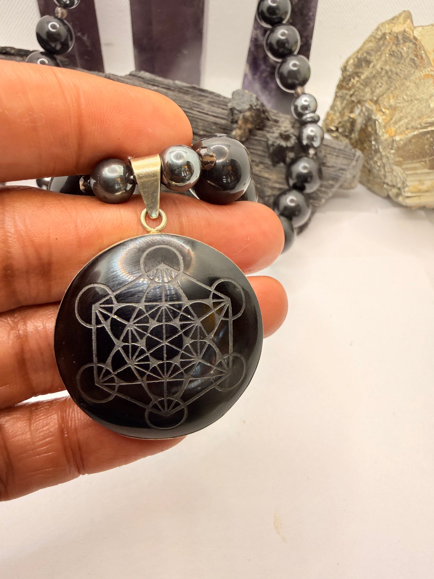 Black Obsidian and Hematite with Smoky Quartz Beaded Necklace with Black Obsidian Metatron Cube Sacred Geometry Pendant ~22 inches