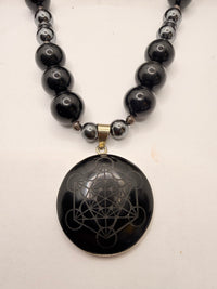 Black Obsidian and Hematite with Smoky Quartz Beaded Necklace with Black Obsidian Metatron Cube Sacred Geometry Pendant ~22 inches