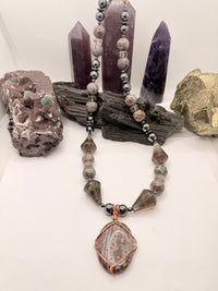 Hematite and Orbicular Jasper Beaded Necklace with Smoky Quartz and Orbicular Jasper Pendant ~22 inches