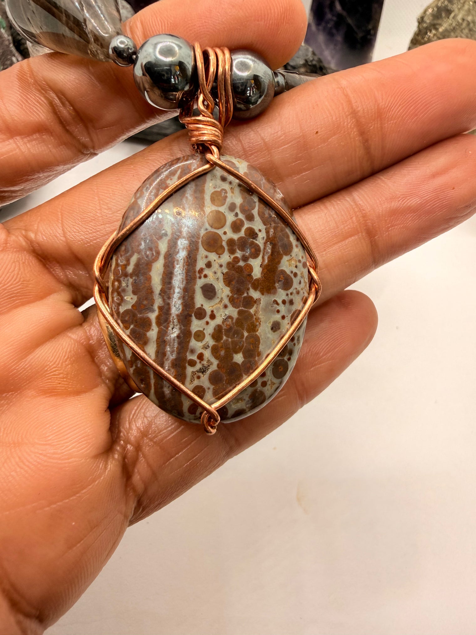 Hematite and Orbicular Jasper Beaded Necklace with Smoky Quartz and Orbicular Jasper Pendant ~22 inches