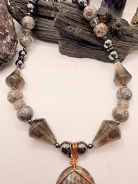 Hematite and Orbicular Jasper Beaded Necklace with Smoky Quartz and Orbicular Jasper Pendant ~22 inches