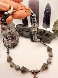 Hematite and Orbicular Jasper Beaded Necklace with Smoky Quartz and Orbicular Jasper Pendant ~22 inches