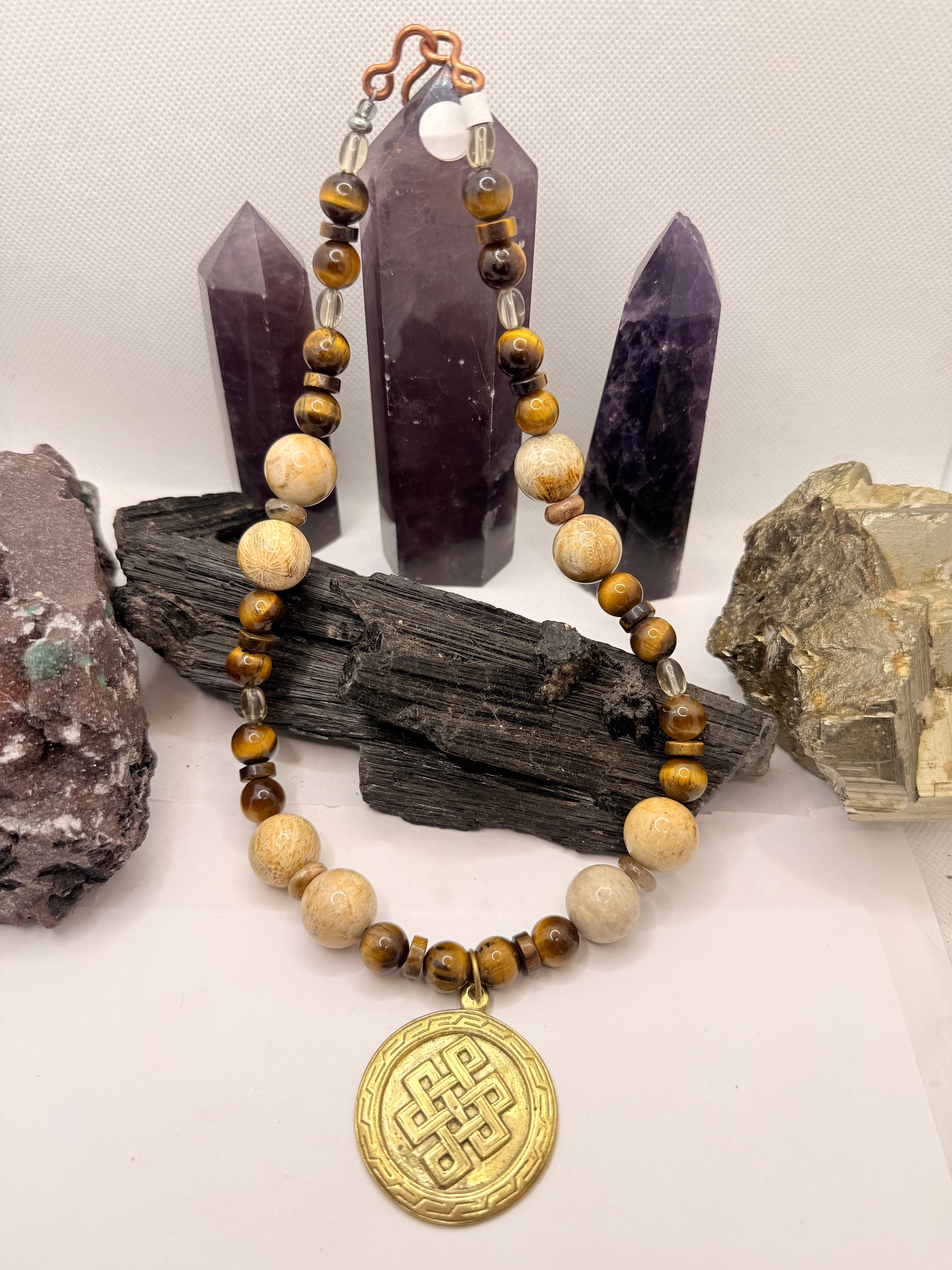 Tiger Eye and Fossil Coral Necklace with Metal Eternity Knot Pendant~18 Inches
