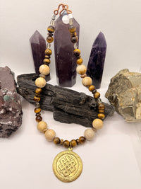 Tiger Eye and Fossil Coral Necklace with Metal Eternity Knot Pendant~18 Inches