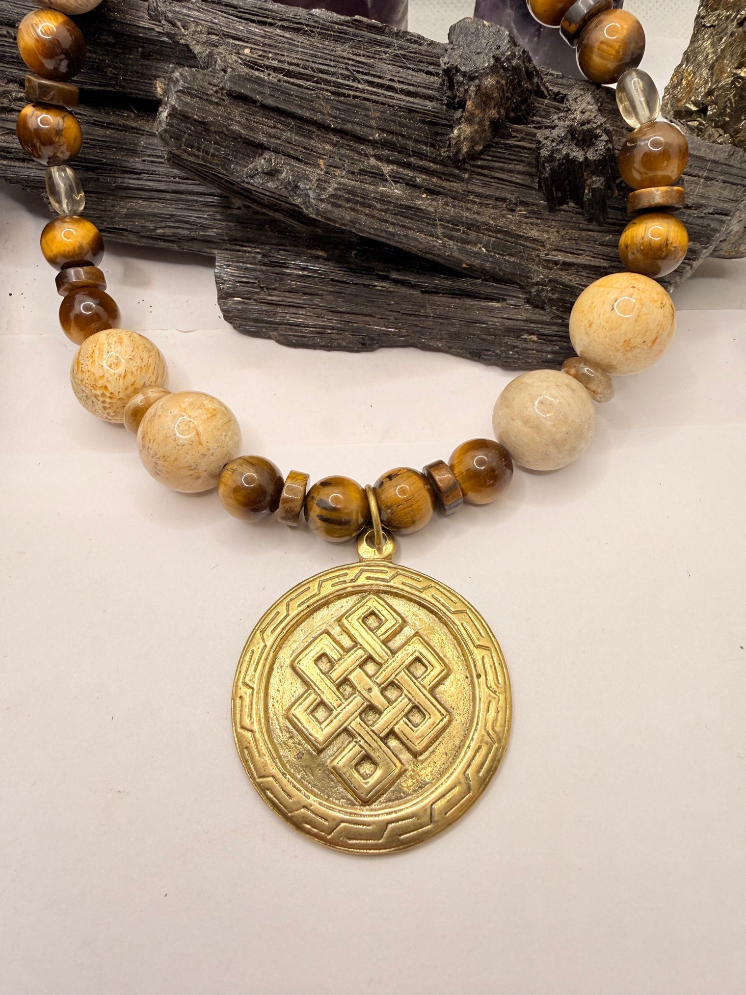 Tiger Eye and Fossil Coral Necklace with Metal Eternity Knot Pendant~18 Inches