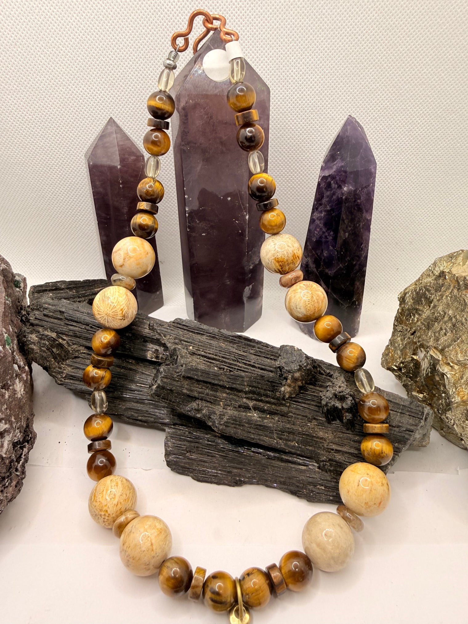 Tiger Eye and Fossil Coral Necklace with Metal Eternity Knot Pendant~18 Inches