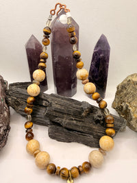 Tiger Eye and Fossil Coral Necklace with Metal Eternity Knot Pendant~18 Inches