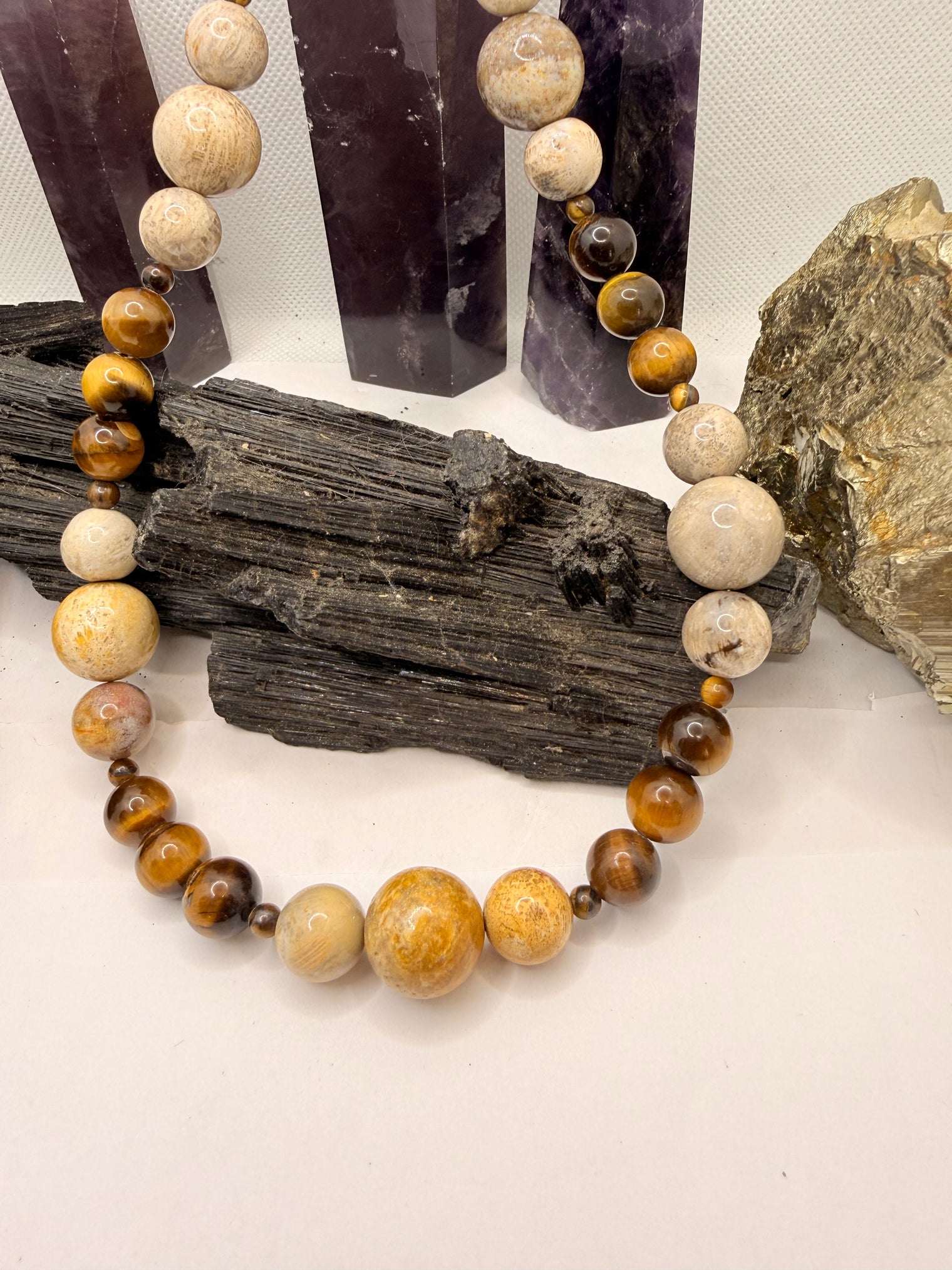 Tiger Eye and Fossil Coral Necklace~18 Inches