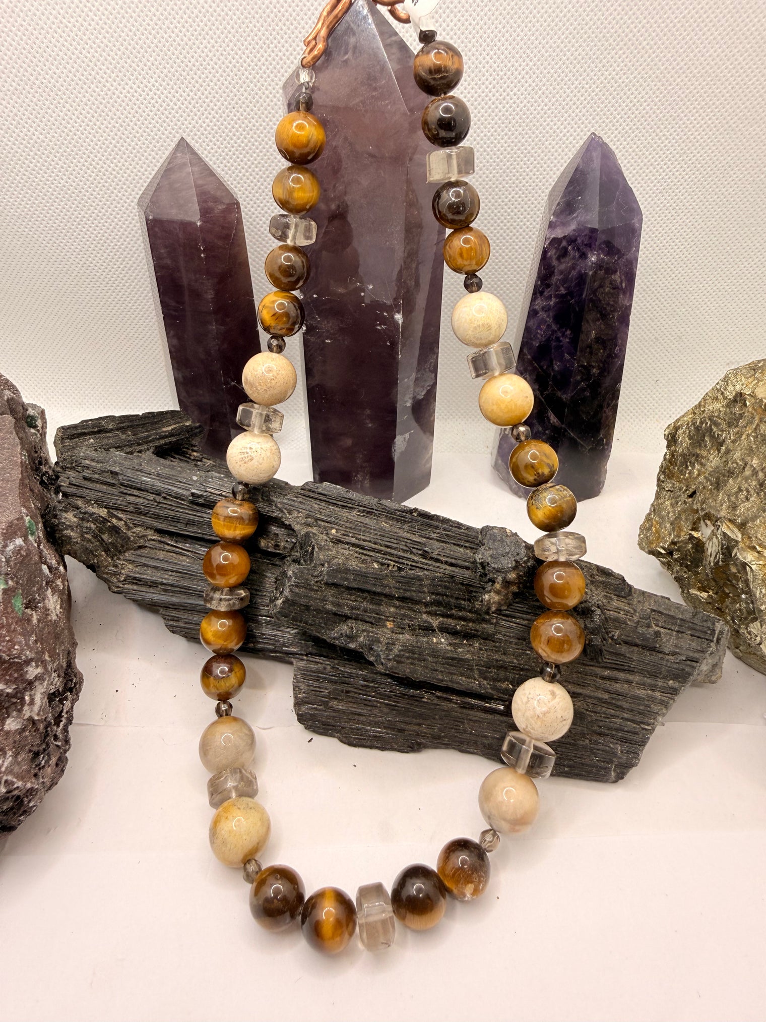Tiger Eye and Fossil Coral Necklace with Smoky Quartz~18 Inches