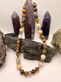 Tiger Eye and Fossil Coral Necklace with Smoky Quartz~18 Inches