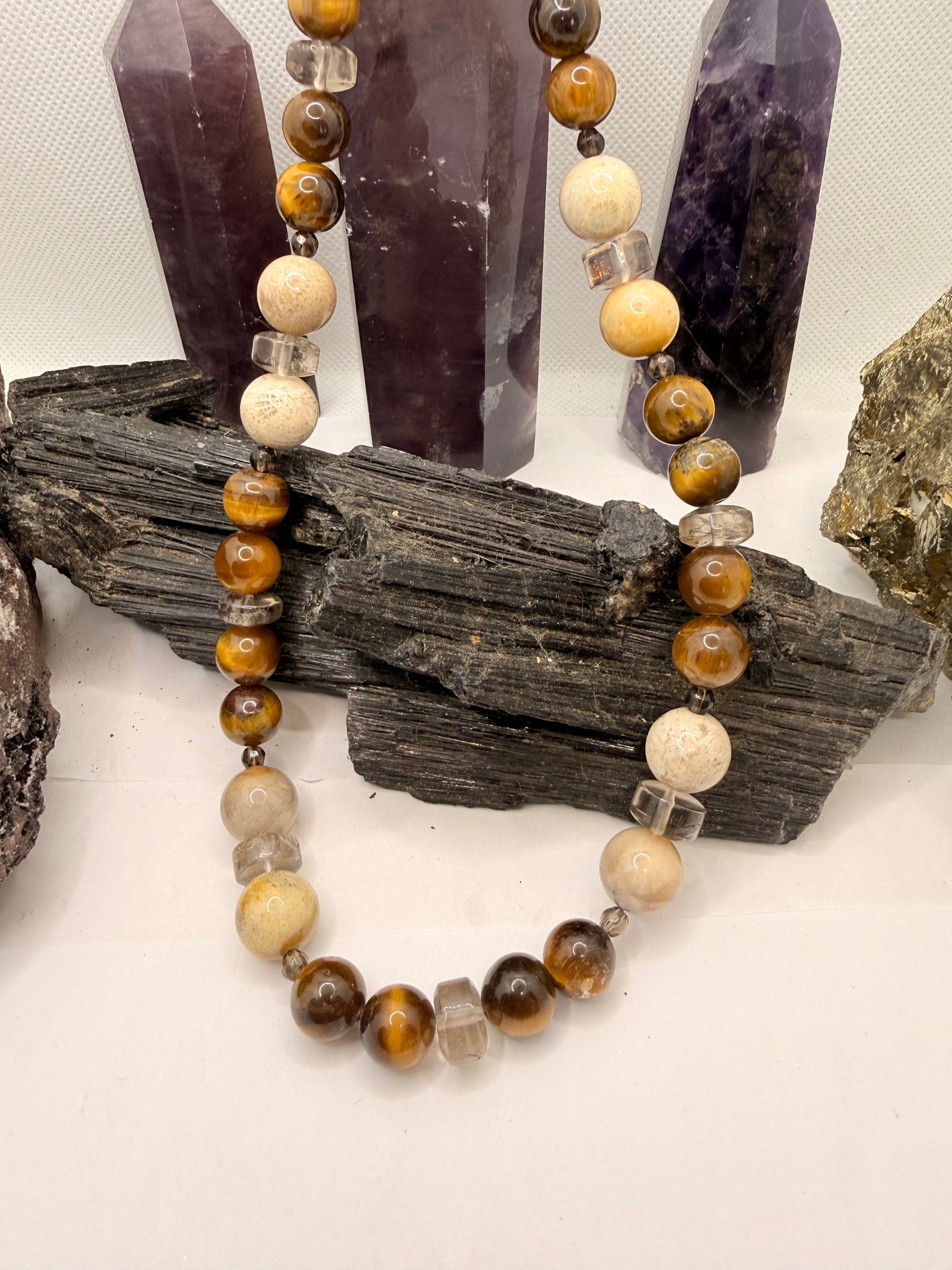 Tiger Eye and Fossil Coral Necklace with Smoky Quartz~18 Inches