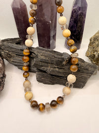 Tiger Eye and Fossil Coral Necklace with Smoky Quartz~18 Inches