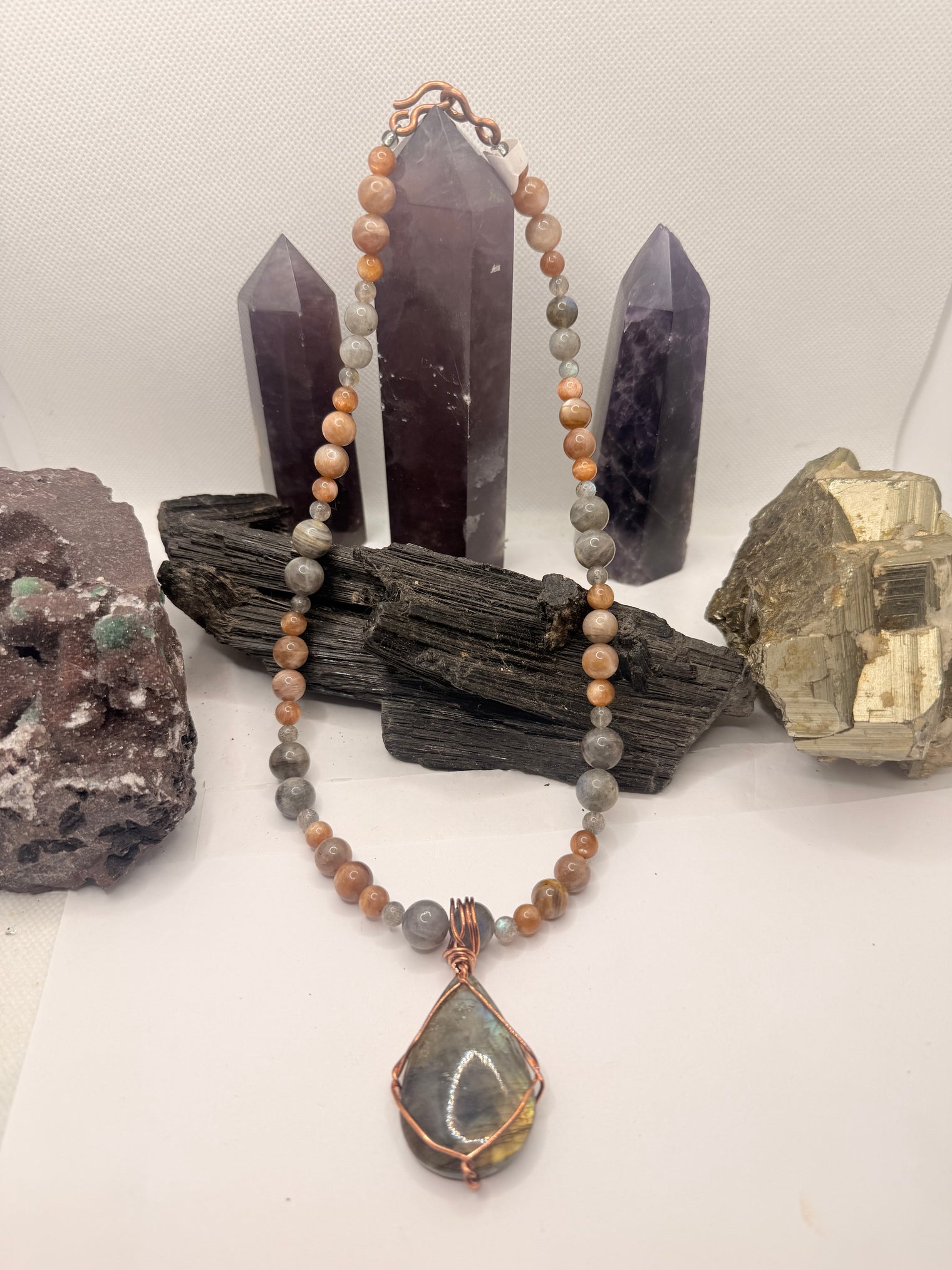 Labradorite and Peach Moonstone Necklace and Labradorite Pendant ~ 18 Inches