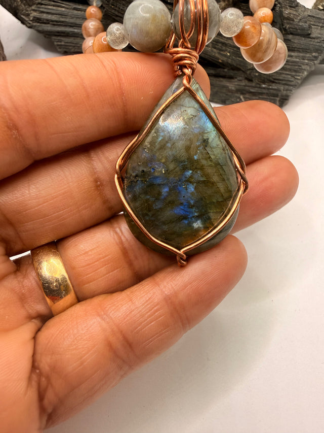 Labradorite and Peach Moonstone Necklace and Labradorite Pendant ~ 18 Inches