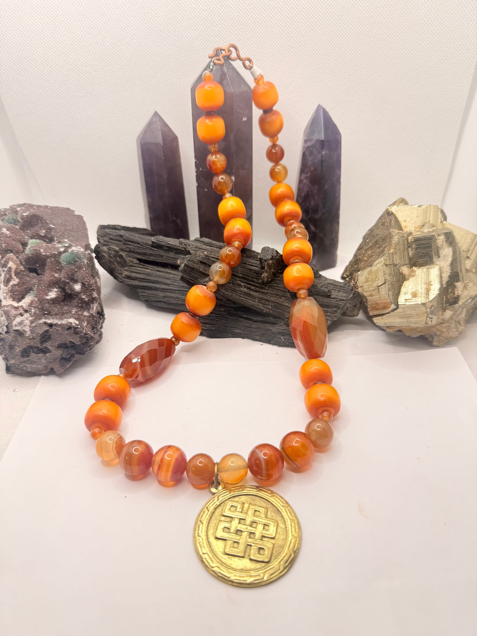 Carnelian and African Amber Necklace with Metal Eternity Knot Pendant~24 Inches