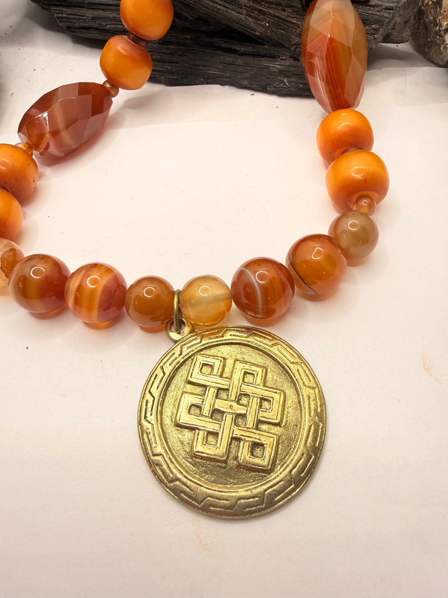 Carnelian and African Amber Necklace with Metal Eternity Knot Pendant~24 Inches