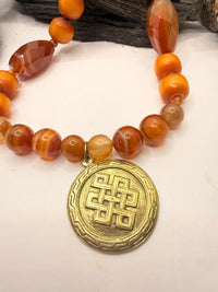 Carnelian and African Amber Necklace with Metal Eternity Knot Pendant~24 Inches