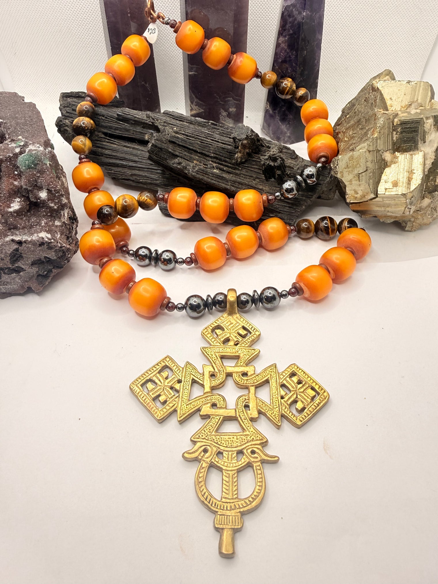 African Amber, Tiger Eye, Hematite and Garnet, Sunstone with Ethiopian Cross Pendant~ 30 inches