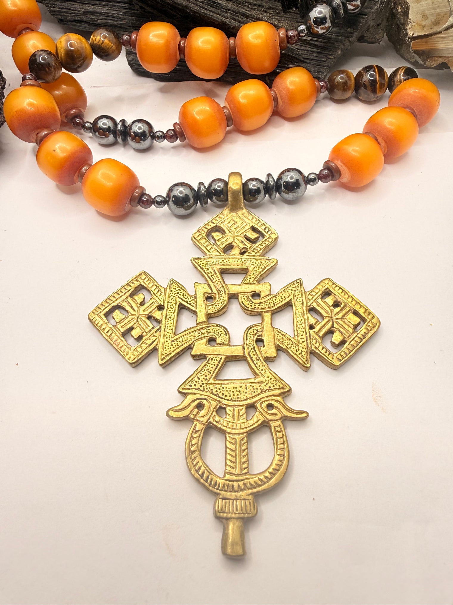 African Amber, Tiger Eye, Hematite and Garnet, Sunstone with Ethiopian Cross Pendant~ 30 inches
