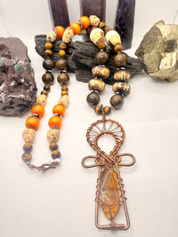 African Amber, Tiger Eye, African Grassroot, and Bronzite with Mexican Amber Copper Ankh Cross Pendant~ 32 inches