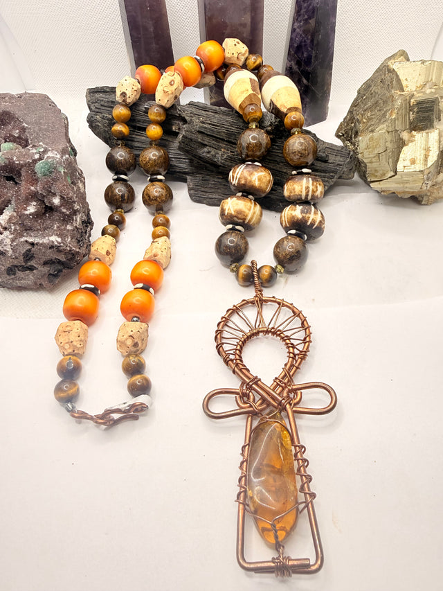 African Amber, Tiger Eye, African Grassroot, and Bronzite with Mexican Amber Copper Ankh Cross Pendant~ 32 inches