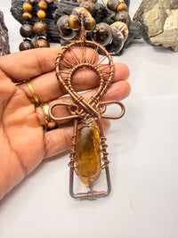 African Amber, Tiger Eye, African Grassroot, and Bronzite with Mexican Amber Copper Ankh Cross Pendant~ 32 inches