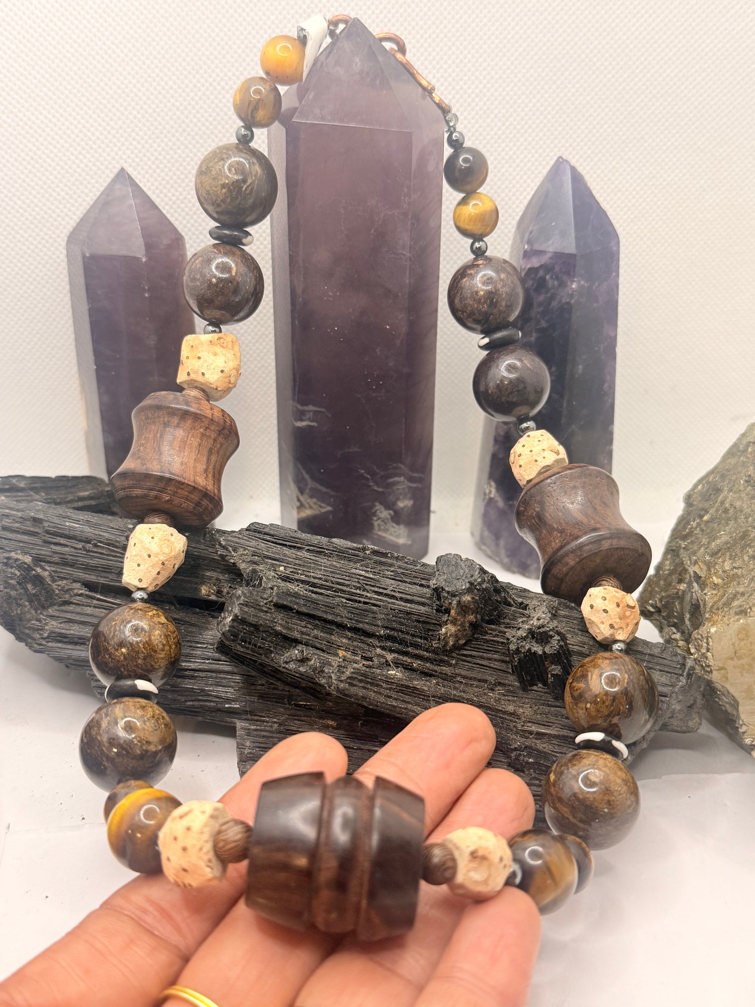 African Grassroot and Bronzite and Wood Beads Necklace