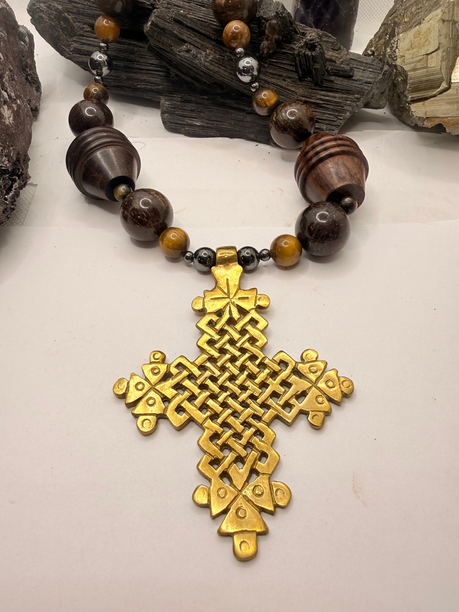 Tiger Eye, Hematite and Bronzite with Ethiopian Cross Pendant~ 22 inches