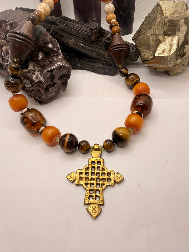 Tiger Eye, Fossil Coral, African Amber and Mexican Amber with Ethiopian Cross Pendant~ 24 inches