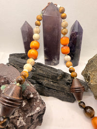 Tiger Eye, Fossil Coral, African Amber and Mexican Amber with Ethiopian Cross Pendant~ 24 inches