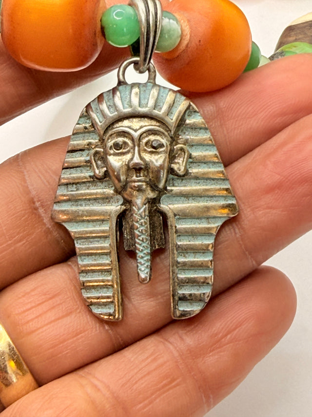 African Amber and Chrysoprase with King Tut Pendant Necklace ~28 Inches