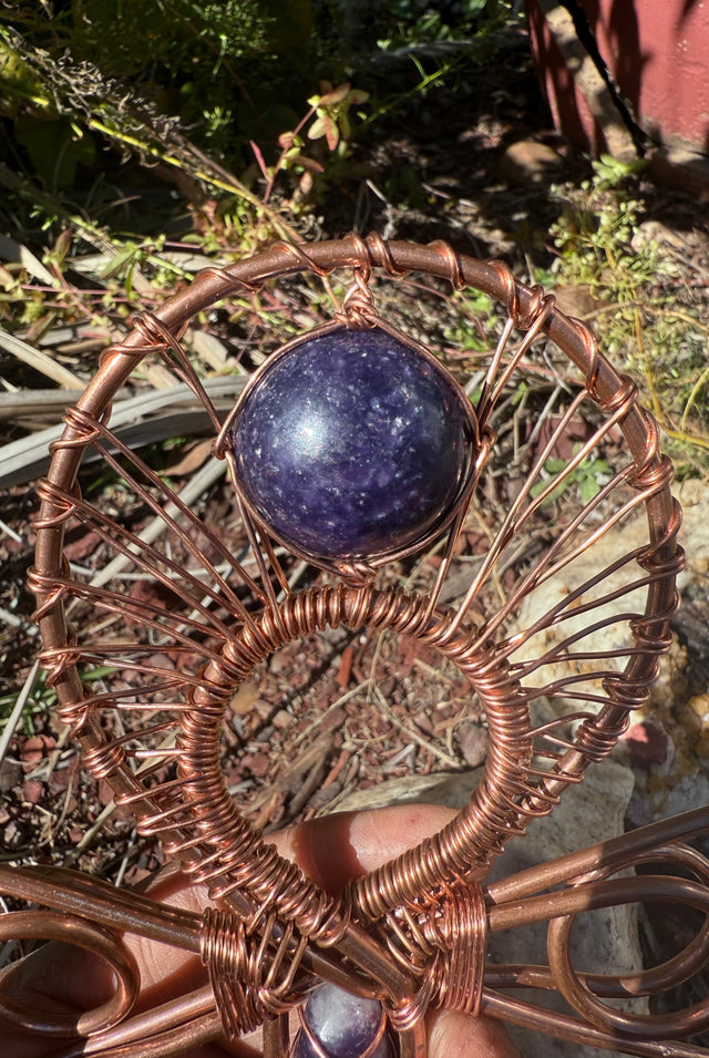 lepidolite wand in handle and lepidolite sphere at the top of a copper ankh 9 x 5.5 inch