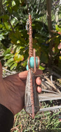 Black moonstone with amazonite spheres on the arms and epidote at the top of a 9.5 in copper wirewrapped ankh