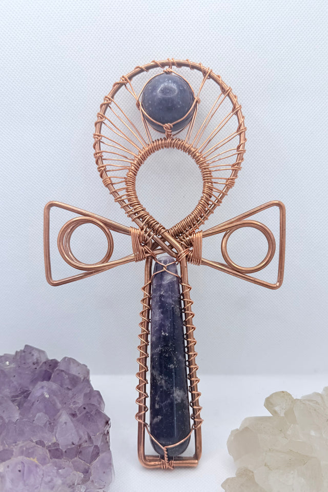 lepidolite wand in handle and lepidolite sphere at the top of a copper ankh 9 x 5.5 inch