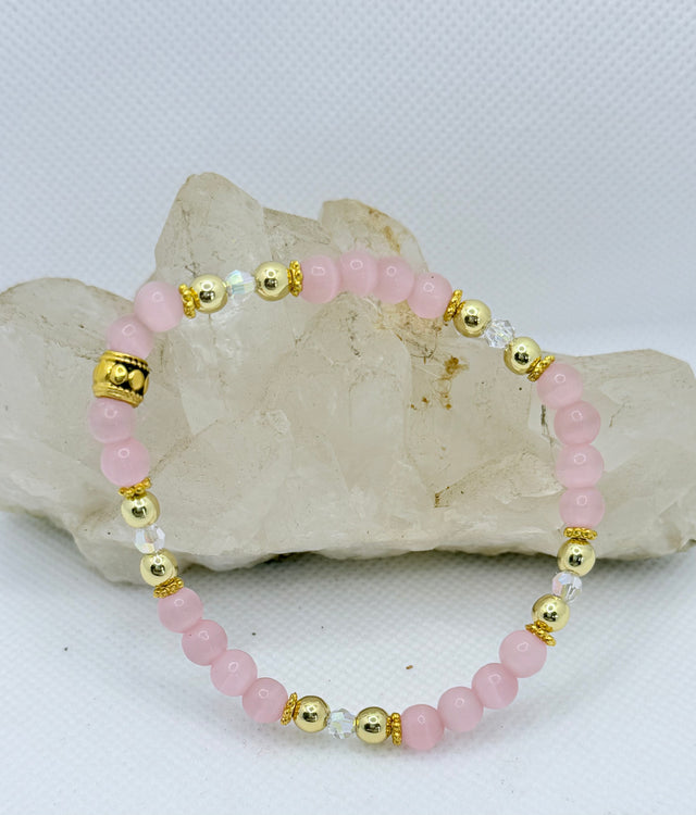 Pink Cat's Eye  Stretchy Bracelet with Swarovski Crystals