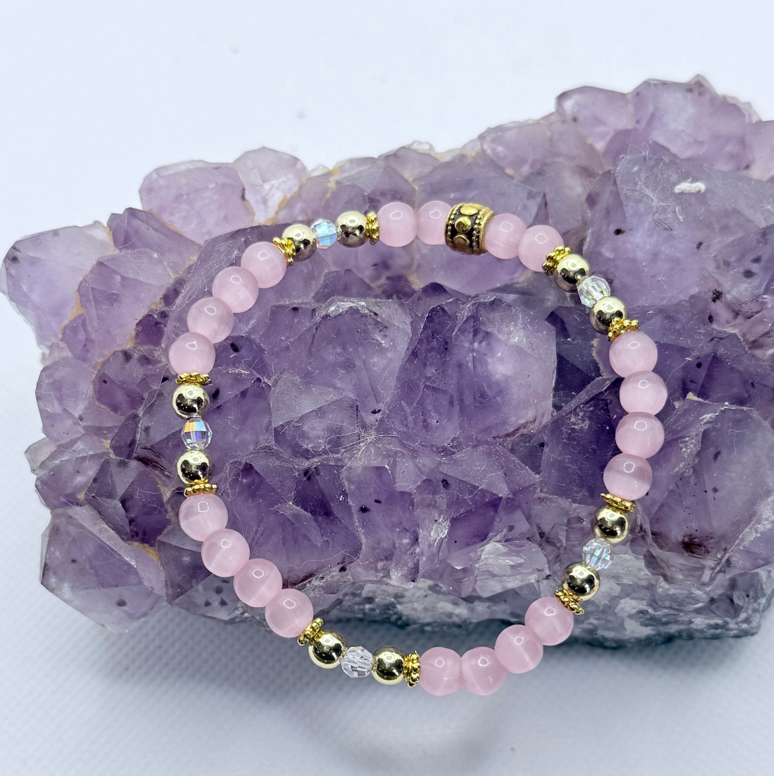 Pink Cat's Eye  Stretchy Bracelet with Swarovski Crystals