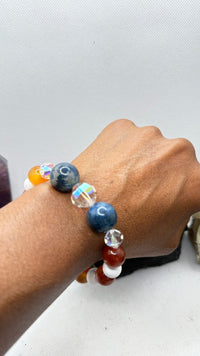 Patriotic USA 250th Anniversary Bracelet with Carnelian, Howlite and Blue Fossil Coral with Swarovski Crystals