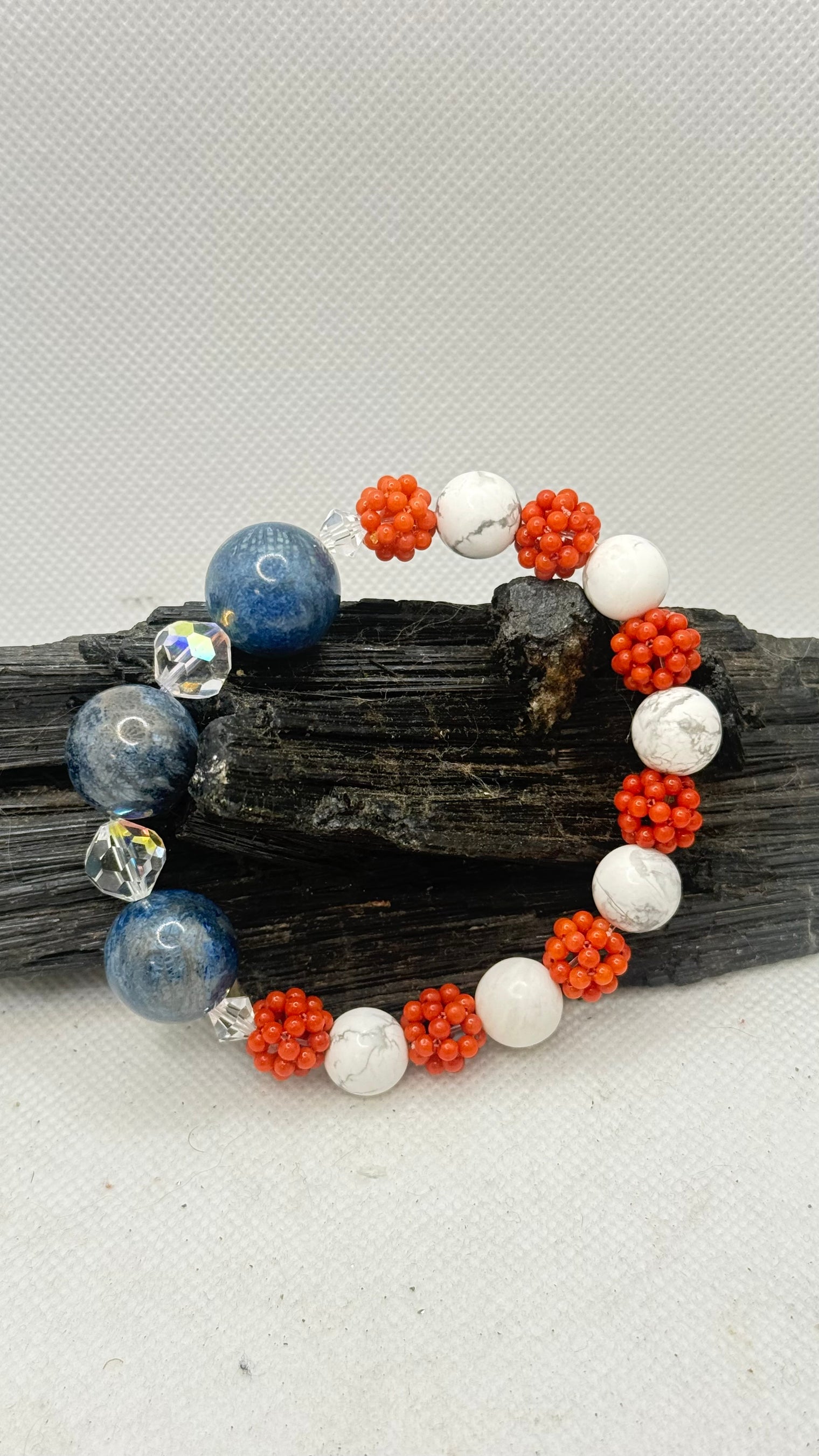 Patriotic USA 250th Anniversary Bracelet Red Coral, Howlite and Blue Fossil Coral with Swarovski Crystals