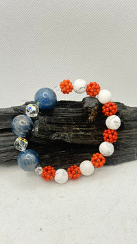 Patriotic USA 250th Anniversary Bracelet Red Coral, Howlite and Blue Fossil Coral with Swarovski Crystals