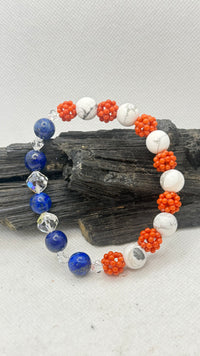 Patriotic USA 250th Anniversary Bracelet Red Coral, Howlite and Lapis Lazuli with Swarovski Crystals
