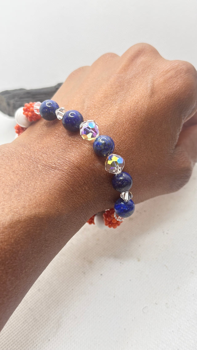 Patriotic USA 250th Anniversary Bracelet Red Coral, Howlite and Lapis Lazuli with Swarovski Crystals