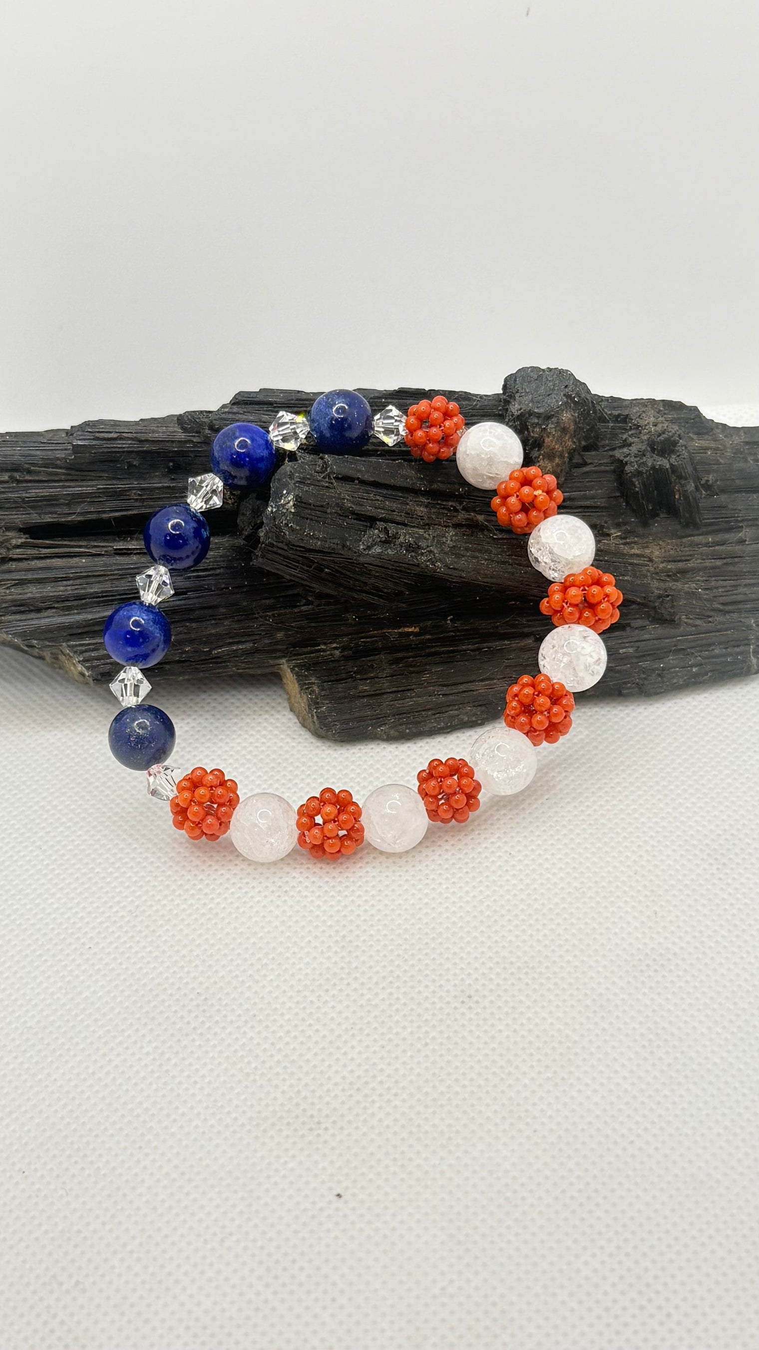 Patriotic USA 250th Anniversary Bracelet Red Coral, White Cracked Quartz and Lapis Lazuli with Swarovski Crystals