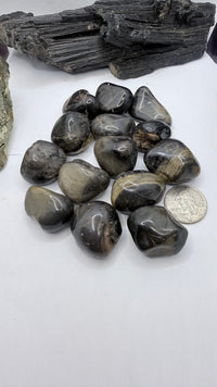 A group of polished dark gray to black onyx tumbled stones arranged on a white surface, with a silver coin and dark wood pieces used for scale and context.