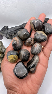 A hand holding a cluster of polished dark gray and black onyx tumbled stones, with rough mineral pieces in the background against a white backdrop.